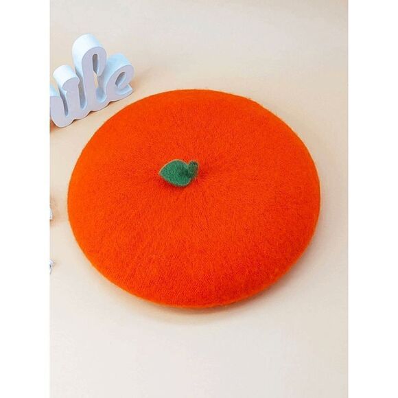 🍊 Orange Fruit Leaf Decor Wool-Mix French Style Cute Beret Hat NEW - Picture 7 of 10